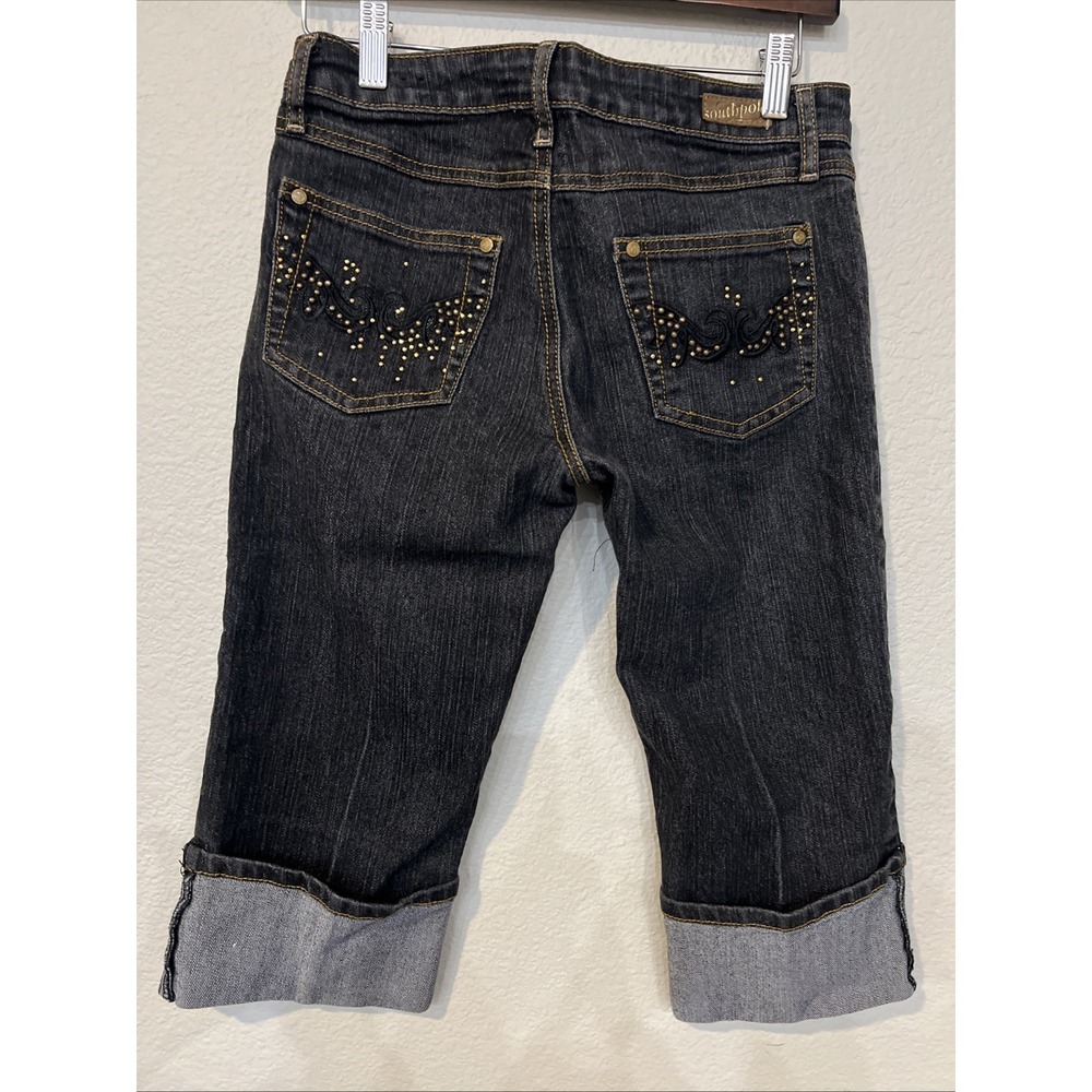 Southpole Black Denim Embroidered Embellished Shimmer Capri Jeans 82628 Size 5